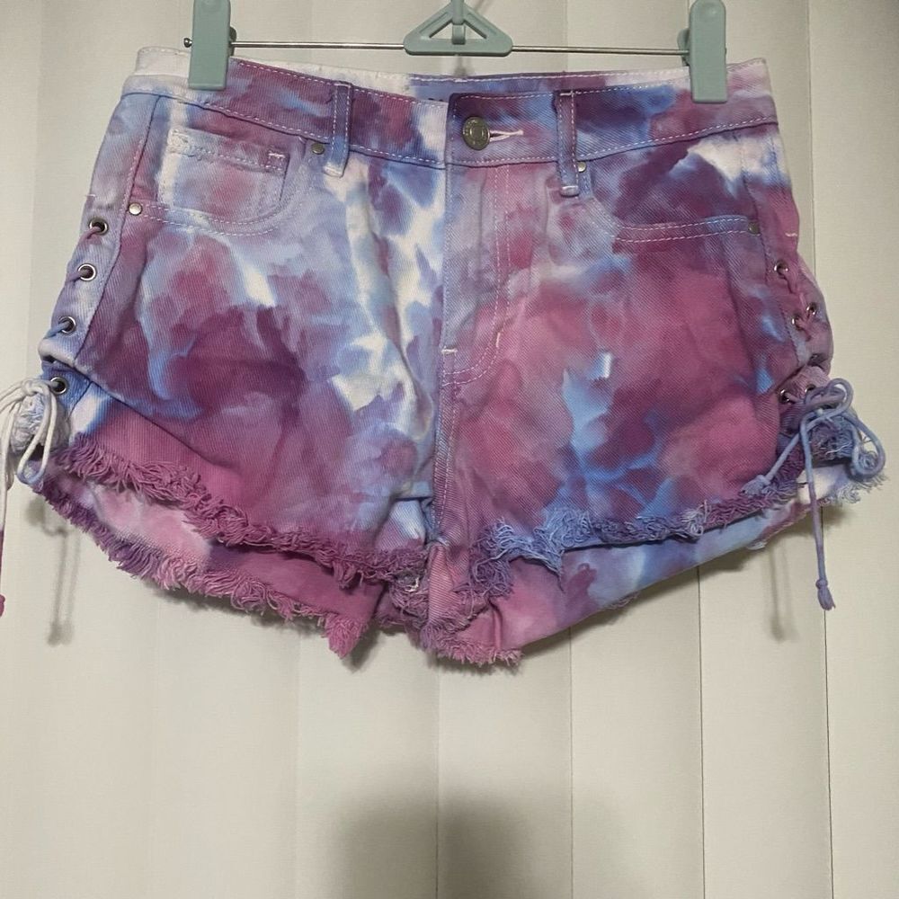 PACSUN tie die   High rise shorts with distressed bottoms, criss cross tie on si